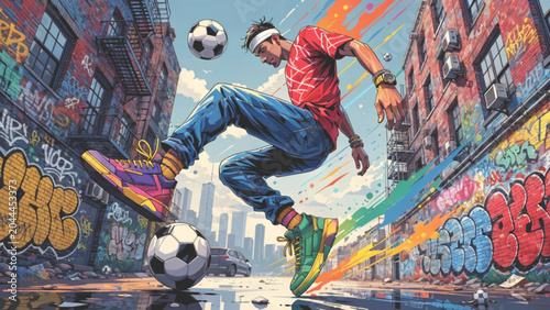 Stylish street soccer scene with players performing bicycle kicks and dribbling moves