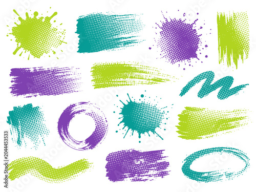 Collection of vibrant paint splatters and brush strokes with halftone effect