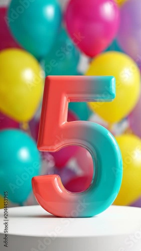 Colorful number five decoration in gradient hues of pink and blue placed on a white pedestal surrounded by vibrant balloons in various colors creating a festive atmosphere