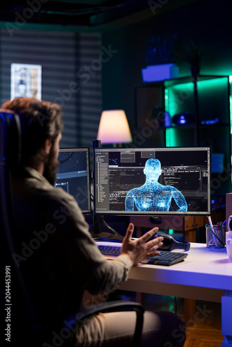 Tableau sur toile Computer Technician Astonished by Sentient Artificial Intelligence in Futuristic