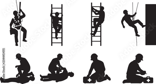 First aid, medical emergency response, silhouette icons, rescue illustrations isolated PNG with Transparent Background