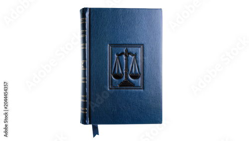 Blue leather bound book with scales of justice emblem