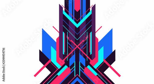Geometric abstract pattern with sharp angles, vibrant colors, and symmetrical design