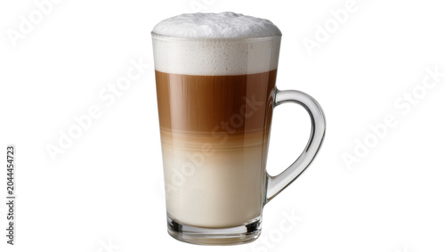 Quadro su tela Layered coffee drink with foam in a clear glass mug