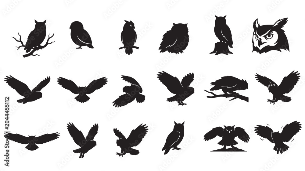 Fototapeta premium Diverse Owl Silhouettes and Wildlife Icon Collection