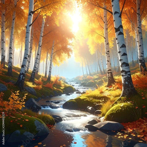 A serene forest scene with a winding stream, vibrant autumn foliage, and sunlight filtering through trees