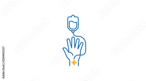 Photos Medical IV drip line icon, blue intravenous therapy infusion bag with human hand