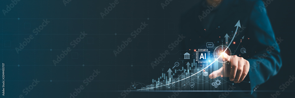 Fototapeta premium Business person pointing at glowing AI chip and rising financial growth arrow with icons. Concept of artificial intelligence boosting stock market, digital investment, and corporate data analytics