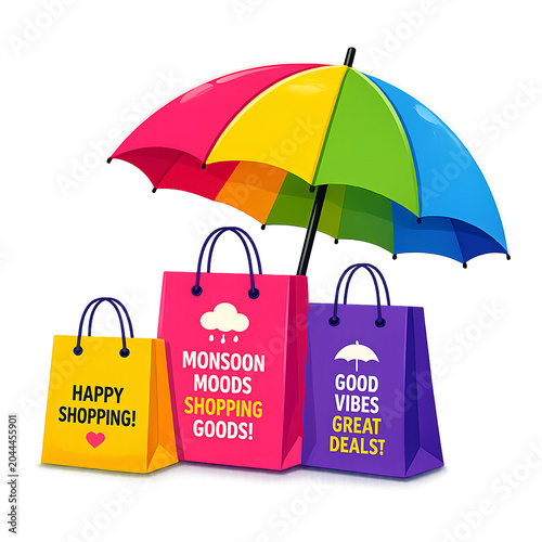 Shopping bags with colorful umbrella isolated on transparent background - ai generative