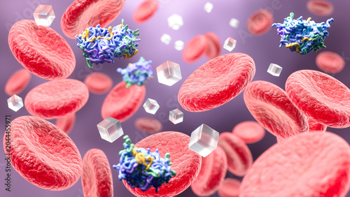 Canvas Print Medical 3D illustration of insulin molecules and glucose particles interacting with red blood cells