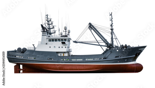Tableau sur toile Modern fishing trawler vessel with crane and deck equipment