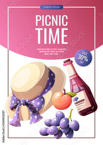 Flyer design with straw hat, grapes, bottle of grape juice or wine. Picnic time, summer weekend, vacation concept. Vector illustration for banner, poster, promo, sale, advertising.