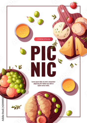 Flyer design with cutting board with cheeses, bread and tomatoes on it, bowl with fruits, croissants. Picnic time, healthy eating, cooking concept. Vector illustration for banner, poster, promo, sale,