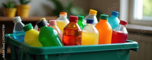 Colorful plastic bottles sorted in apartment recycling bin, cheerful, green, roommates