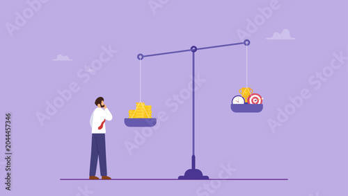 Businessman control money cost efficiency for time and success target. Cost efficiency, success money management for best outcome, control expense, budget to optimize project achievement concept.