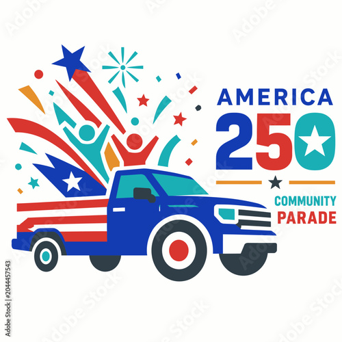 Blue Truck with American Flag and Fireworks for America 250 Community Parade.