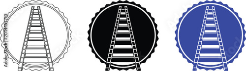 Fotografía Ladder inside scalloped circle frame in outline black and blue vector graphic