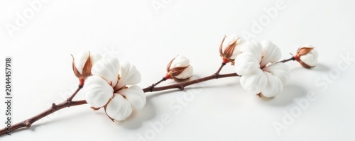 Elegant cotton sprig, pristine blossoms, balanced composition, white backdrop , macro, soft, texture