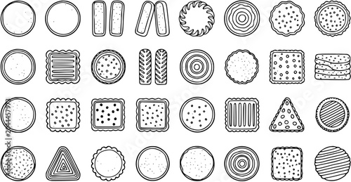 Vászonkép Black and White Line Art Icons of Various Cookies, Biscuits, and Crackers, Food