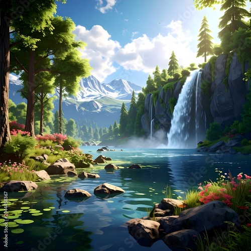 A serene landscape featuring a waterfall cascading into a tranquil lake surrounded by lush greenery and majestic mountains under a vibrant blue sky with fluffy white clouds
