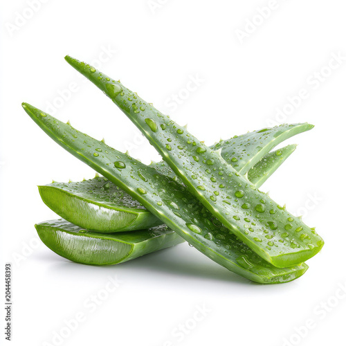 Fresh aloe vera leaves with water drops isolated white background