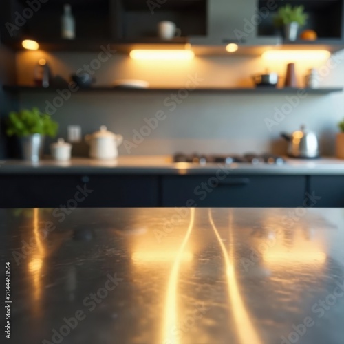Gleaming empty stainless steel table, blurred kitchen backdrop , utensils, metallic