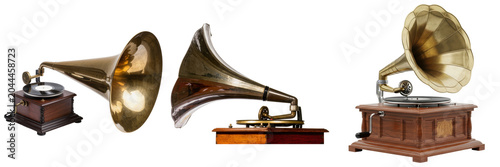 Fotografie Three vintage gramophones with brass horns and wooden bases on a transparent bac