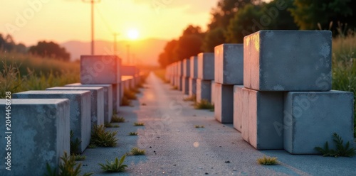 Golden hour light highlights neat piles of concrete blocks awaiting use , construction, building, piles
