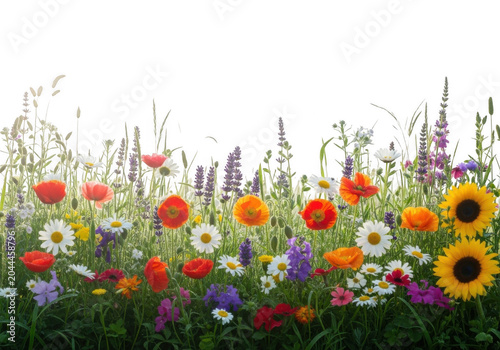 A vibrant meadow of wildflowers including red poppies, yellow sunflowers, white daisies, and purple lavender isolated on a black background
