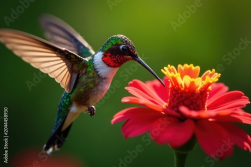 Hummingbird feeding, blurred wings, red flower detail , drinking, colorful, tiny