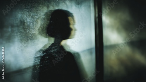 Ghostly reflection shows a figure in shadow, revealing a story of pain and past struggles in an empty room