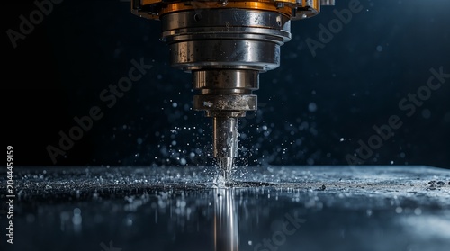 CNC milling machine drilling metal surface with coolant spray in industrial manufacturing process concept