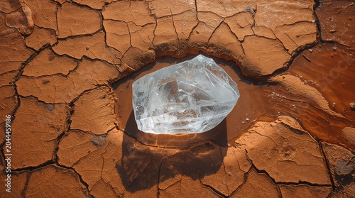 Transparent ice block melting on cracked dry desert ground climate change concept