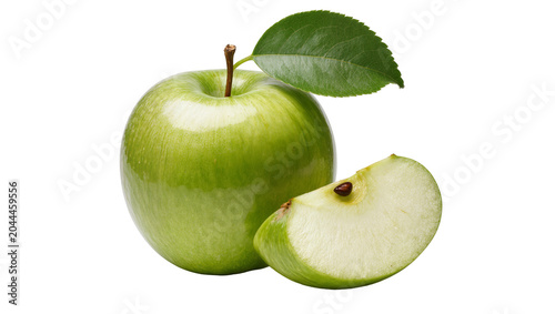 Принти на полотні Whole green apple with leaf and slice showing seeds