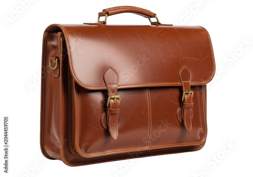 A vintage brown leather briefcase with a handle, dual buckle straps, and metallic hardware isolated on a solid black background