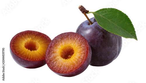 Bild auf Leinwand Whole and halved ripe plums with green leaf