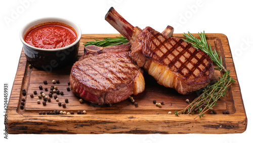 Cuadro en lienzo Two grilled tomahawk steaks with sauce and herbs on wooden board
