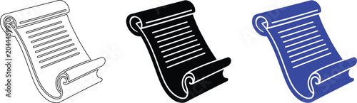 Old paper scroll with text lines icon in three styles, outline, black and white and blue.