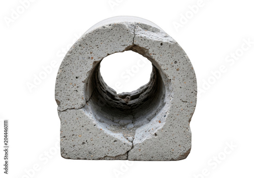 A weathered, grey concrete block with a circular hollow center and jagged, cracked edges isolated against a solid black background