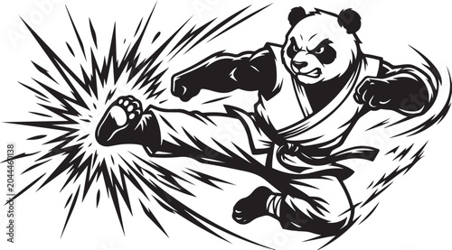 Canvastavla Martial panda, karate kung fu, black white vector, animal action, sports isolate