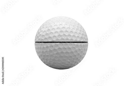 A white dimpled golf ball centered against a solid black background, featuring a thin horizontal black line bisecting the sphere