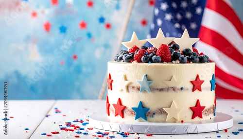 Stars and Stripes Celebration Cake on Bright Festive Backdrop, Patriotic Themed Dessert for National Holiday and Special Event Celebration