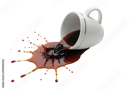A white ceramic coffee cup tipped over on a black background, with dark brown, liquid spilling out, in a dynamic, splash pattern