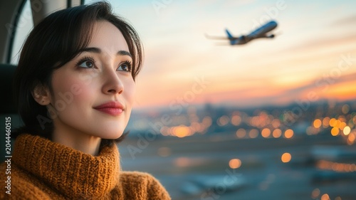 Young woman looking at airplane taking off at sunset, dreaming about travel and future adventures