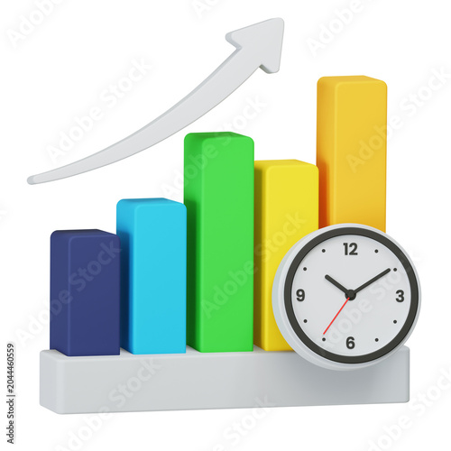 Foto Performance tracking 3D icon with bar graph arrow and clock