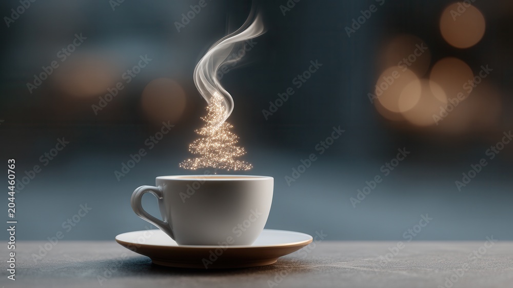 Fototapeta premium Coffee mug with glowing christmas tree steam, creating festive holiday season atmosphere cheer winter warm