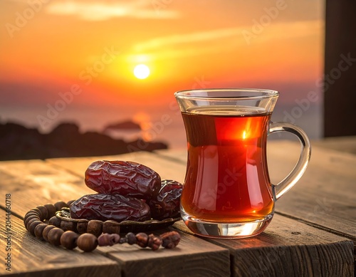 Tea with Dates and Prayer Beads on Calm Background, Spiritual and Traditional Hospitality Concept with Relaxing Cultural Atmosphere