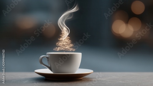 Coffee mug with glowing christmas tree steam, creating festive holiday season atmosphere cheer winter warm