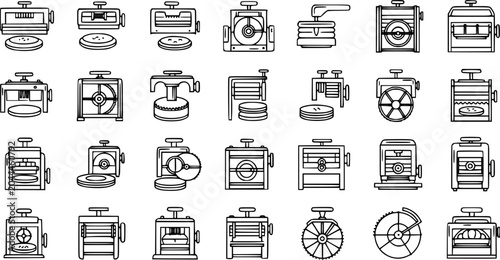 Industrial Processing Machines Black and White Line Art Icons. Manufacturing Equipment, Presses, Rollers  Cutting Tools Outline Collection.