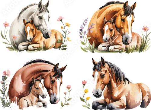 set of watercolor A Mother Horse With Her Kid vector illustration isolated on white background
